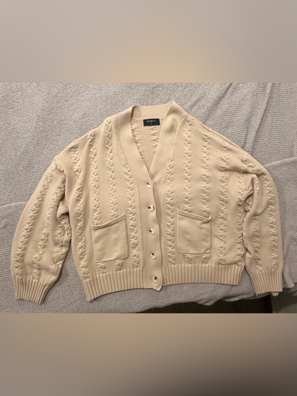 Reiss Beige Cable Knit Button-Front Cardigan